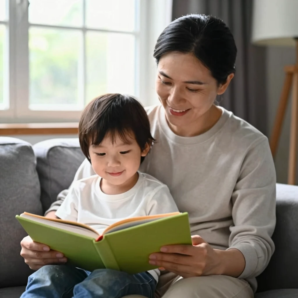 穏やかな親子が本を読んでいる様子