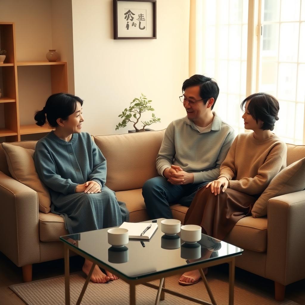 落ち着いたリビングで、ソファに座り心のこもった会話をする日本の夫婦。温かみのある照明と盆栽が背景に。