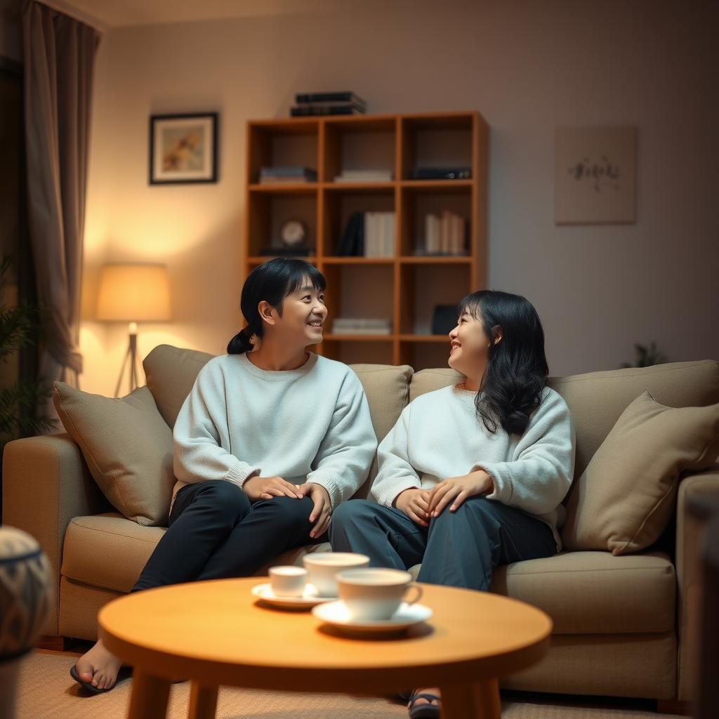 居心地の良いリビングルームで、ソファに座って向き合い、笑顔で話す日本人夫婦。柔らかい照明とティーカップが置かれた小さなコーヒーテーブルが背景に。