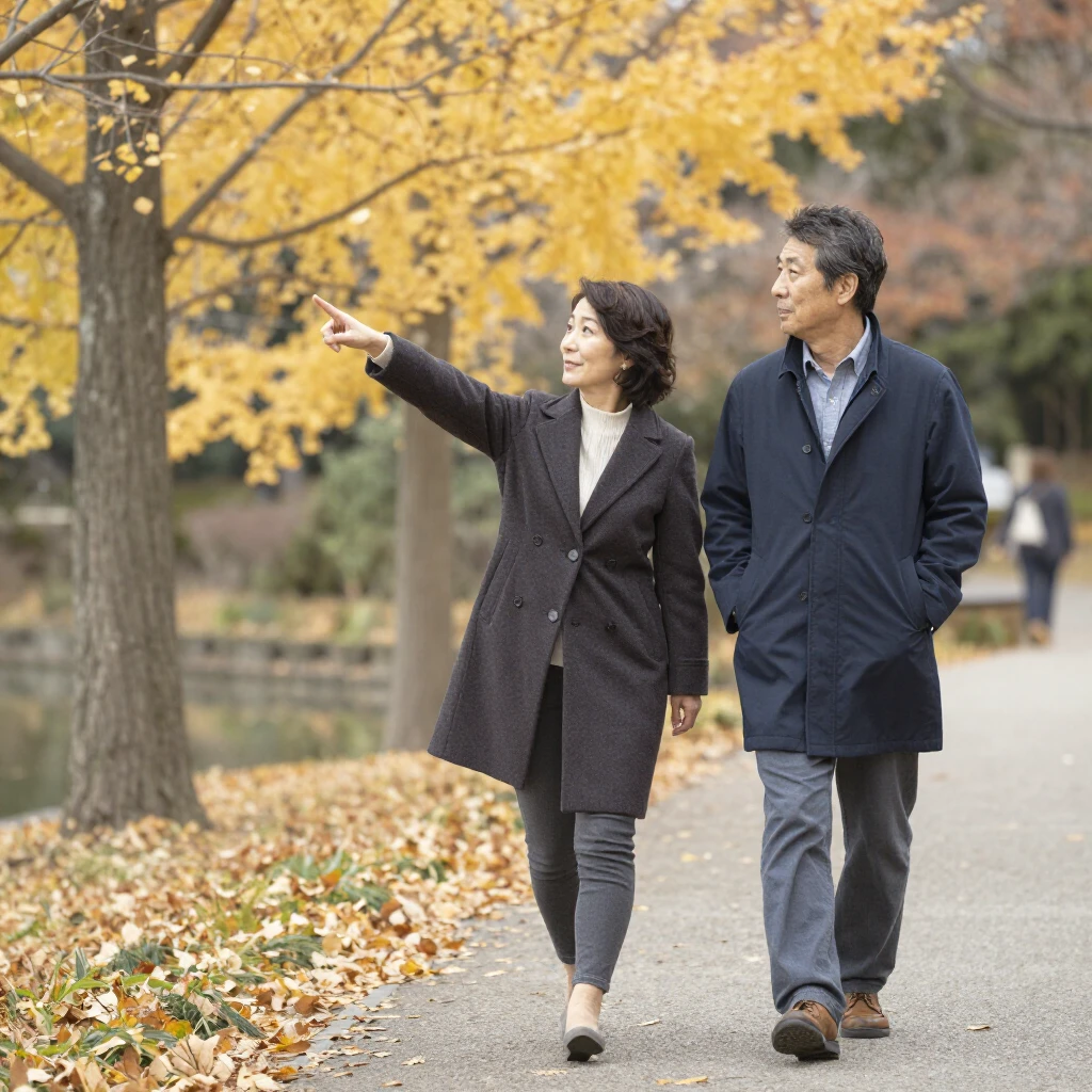 公園で問題を解決しながら歩く中年の夫婦