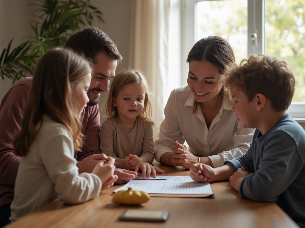家族が一緒に座り、親が良い行動と規律を示している様子。子どもたちは観察し、学んでいる。