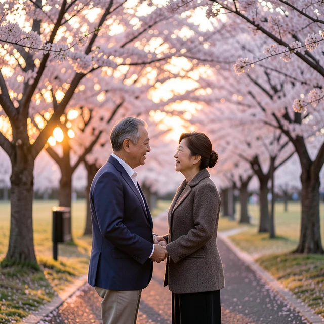 夕暮れの公園を歩きながら話す夫婦