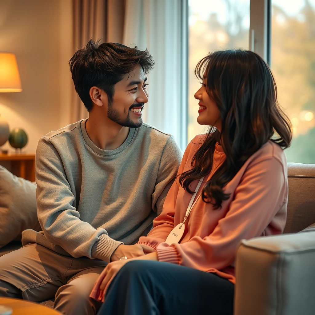 ソファで向き合って優しく話し合う30代夫婦の様子