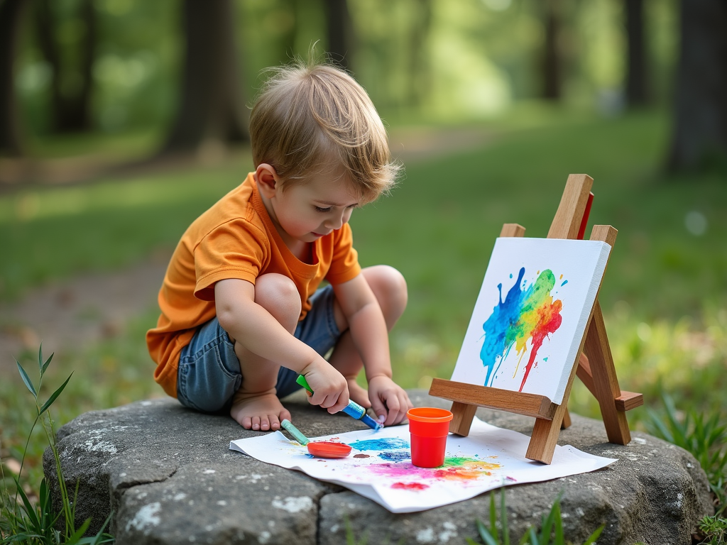 自然の中で石に絵を描く子供