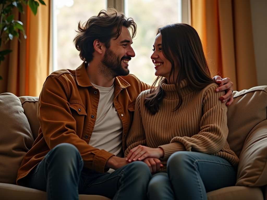 夫婦がソファに座り、手をつなぎ、笑顔で話している様子
