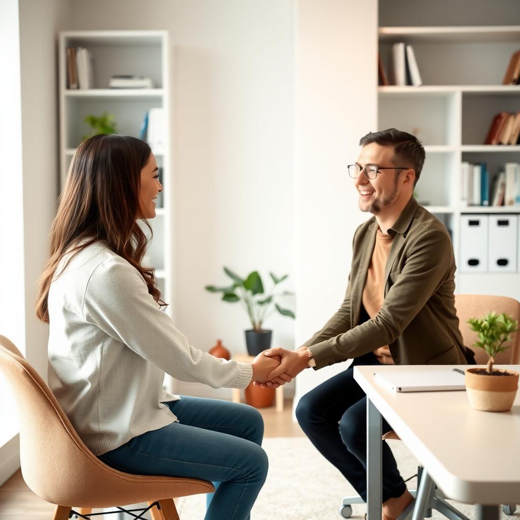 カウンセラーがモダンなオフィスで夫婦と向き合っている様子。夫婦が手を握り、希望に満ちた表情で、カウンセラーが温かく微笑んでいる。