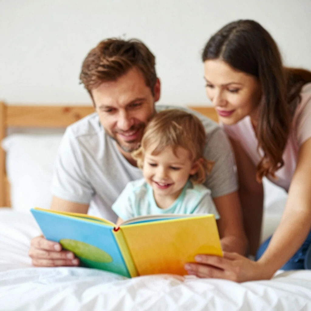 父親が子に絵本を読み聞かせる温かなベッドタイム