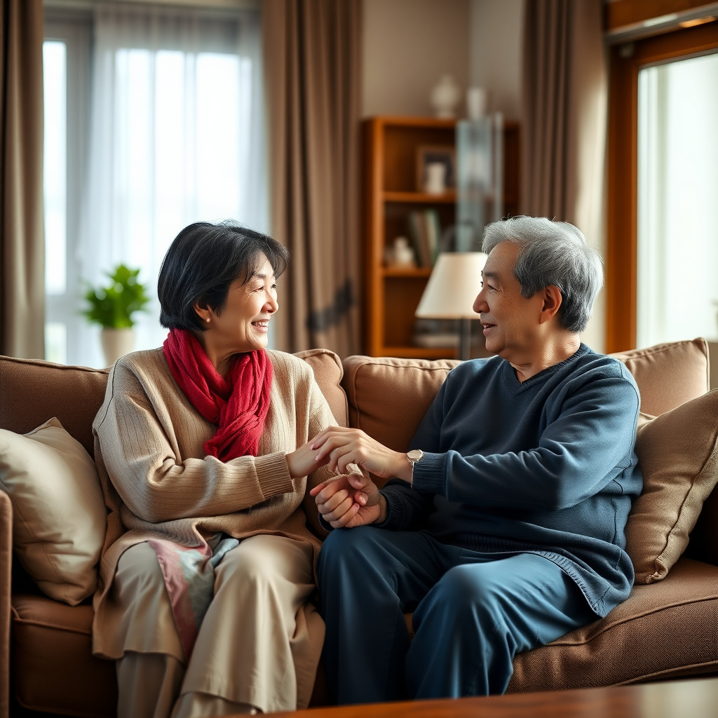 リビングルームで手をつないで会話する温かな夫婦
