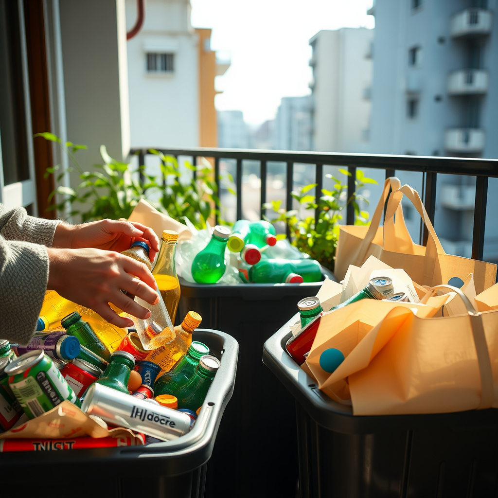 ベランダでプラスチックごみを分別する手元
