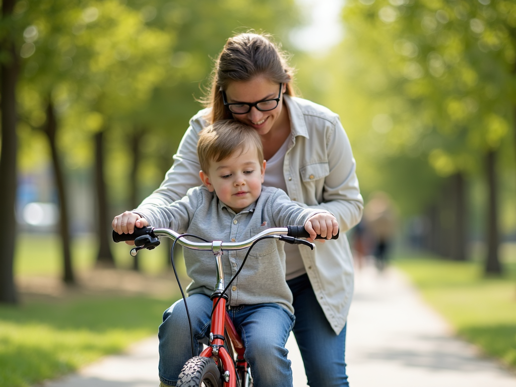 親が子供に自転車の乗り方を教えている様子。親は自転車を支え、子供はペダルを漕いでいる。背景は緑の木々がある晴れた公園。