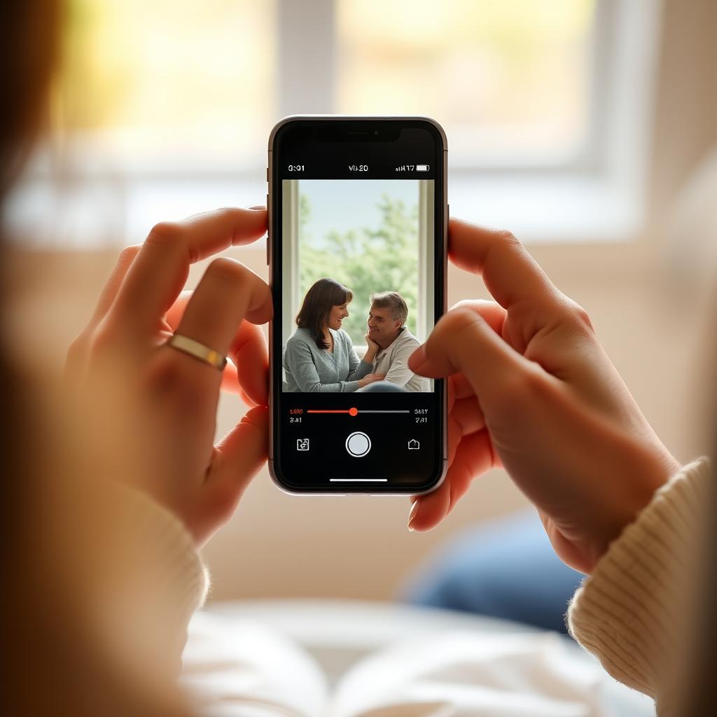 夫婦の手がスマートフォンを持ち、ビデオを表示しているクローズアップ。背景は柔らかくぼけ、手と画面に焦点が当たっている。画面には夫婦が話しているビデオが一時停止されている。柔らかい自然光で温かみのある雰囲気が伝わる。