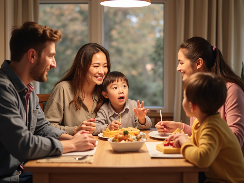 家族が夕食のテーブルを囲んで会話をしている様子。親は子供の話に注意深く耳を傾け、子供は生き生きと話している。