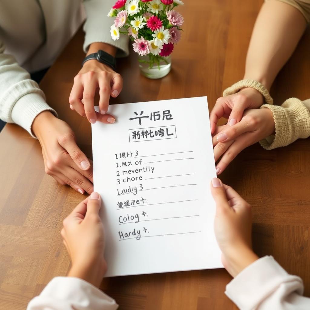 木製のテーブルに置かれた「家事分担表」を持つ夫婦の手のクローズアップ。背景に小さな花瓶があり、温かく協力的な雰囲気を演出。