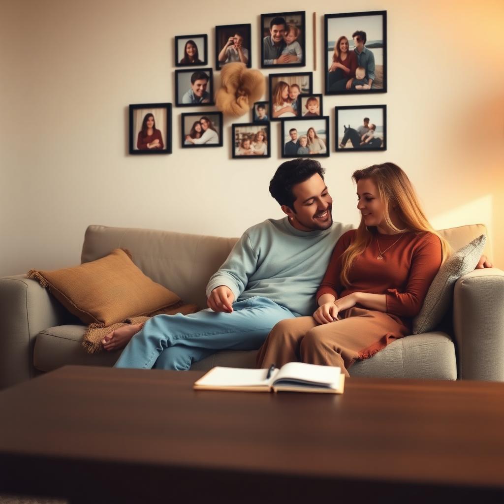 リビングのソファで穏やかに話し合う夫婦。コーヒーテーブルにノートとペンがあり、背景には家族写真が飾られた温かい雰囲気。