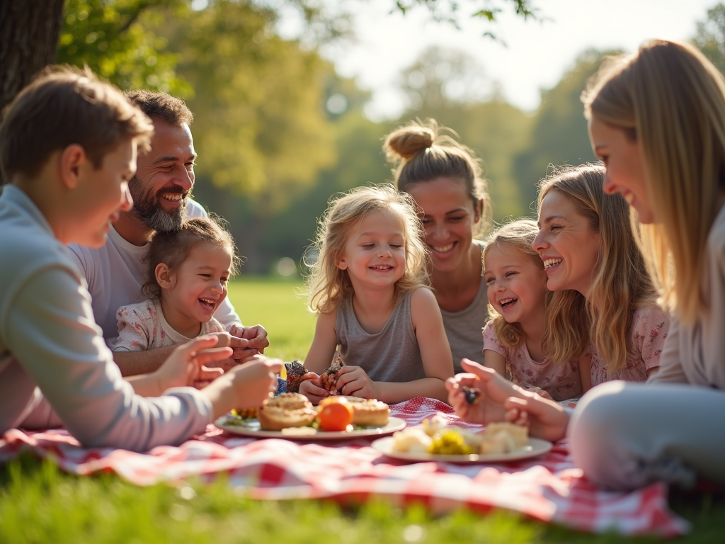 家族が公園でピクニックを楽しんでいる様子。親と子どもが笑い合い、食べ物を分け合い、自然に囲まれた晴れた空の下で過ごしている。