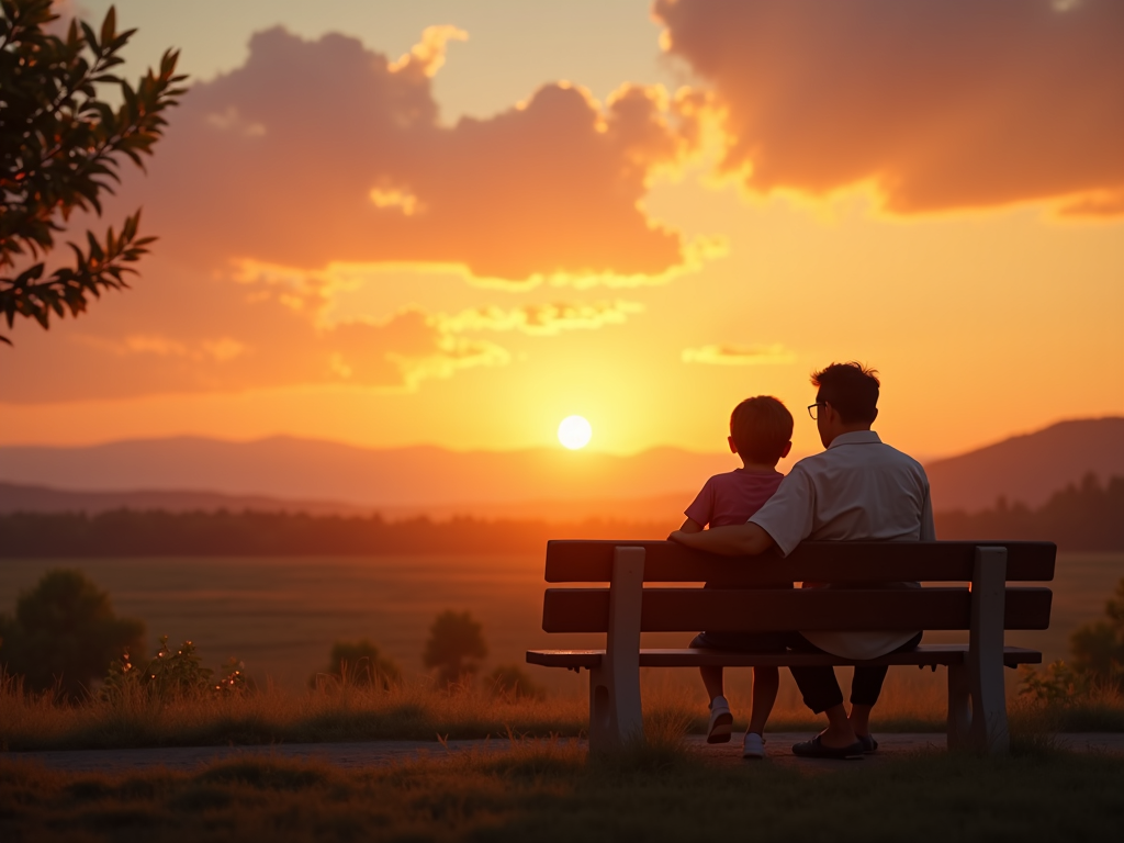 親子が夕日を見ながらベンチに座っている穏やかな風景