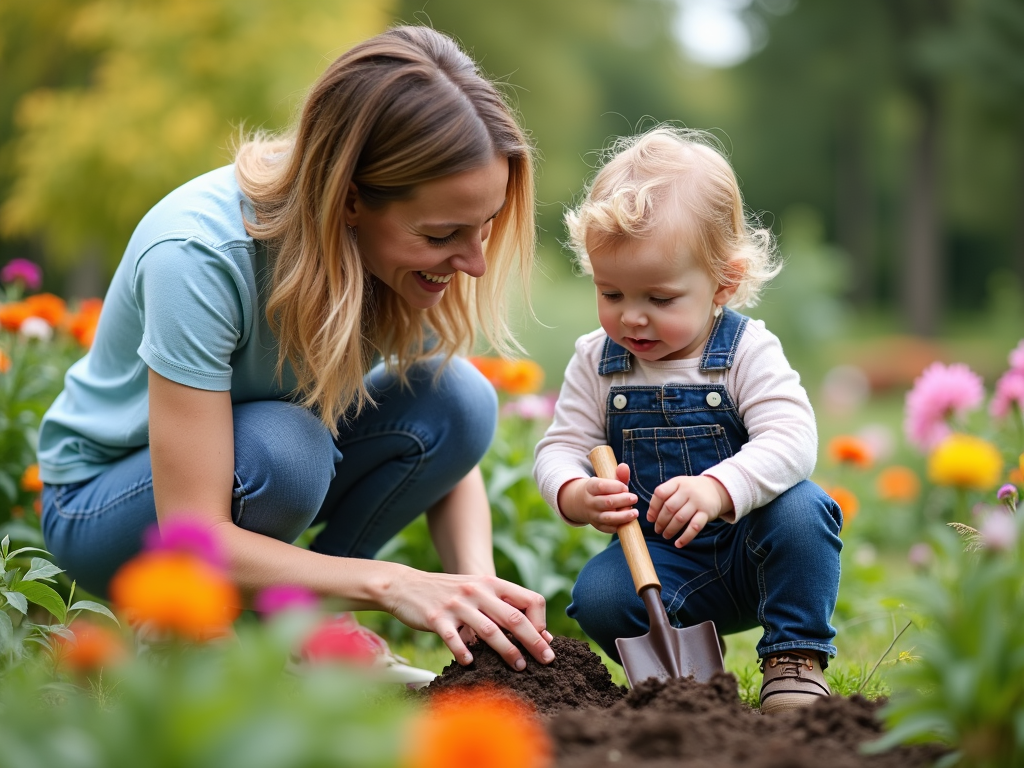 親と子が庭で花を植える様子
