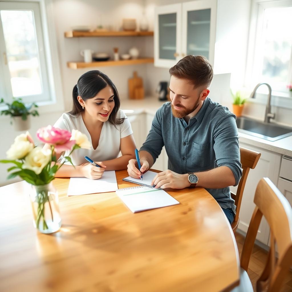 キッチンテーブルで、夫婦がメモ帳に家事のスケジュールを話し合いながら書いている明るいシーン。