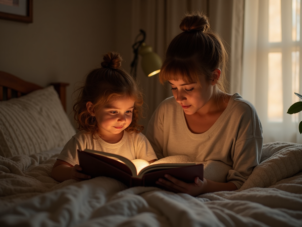 親が子供に本を読んでいる画像