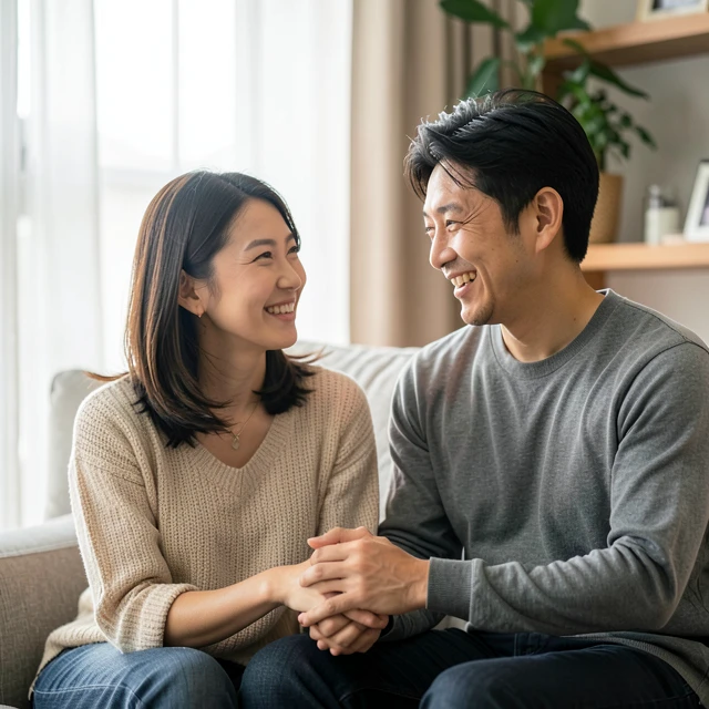 夫婦が心を通わせて話す温かいシーン