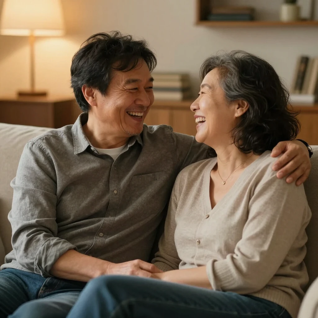 ソファで笑い合う幸せな夫婦の様子
