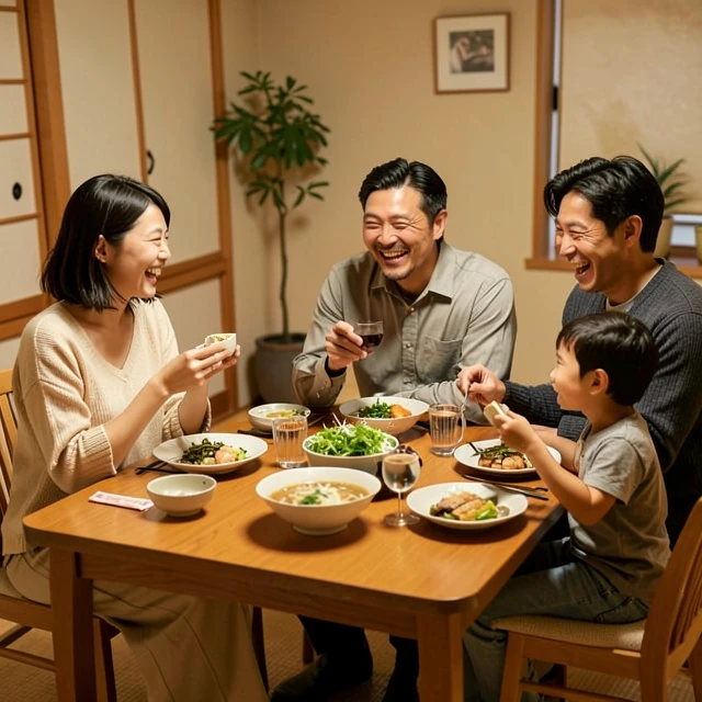 家族で食卓を囲んで笑顔で話すシーン