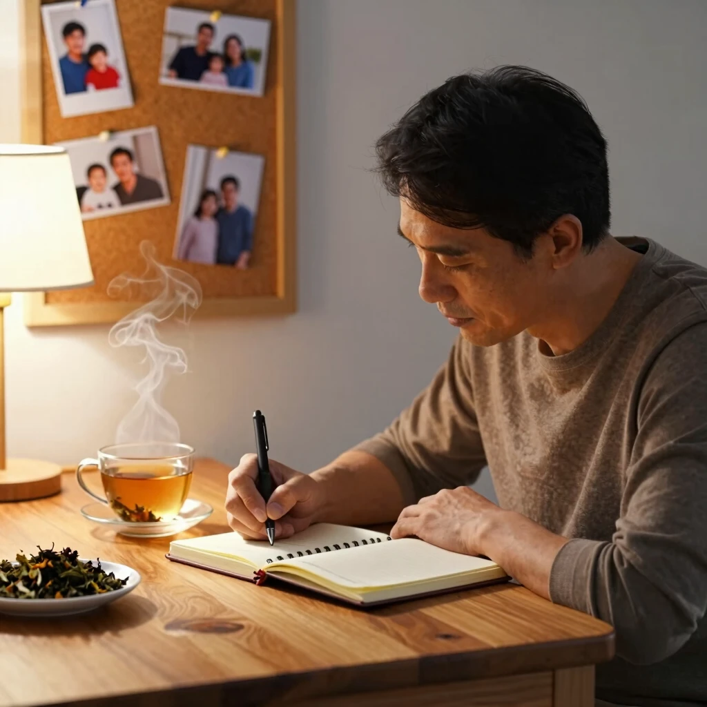 夕暮れのキッチンでハーブティーを飲みながら日記を書く父親