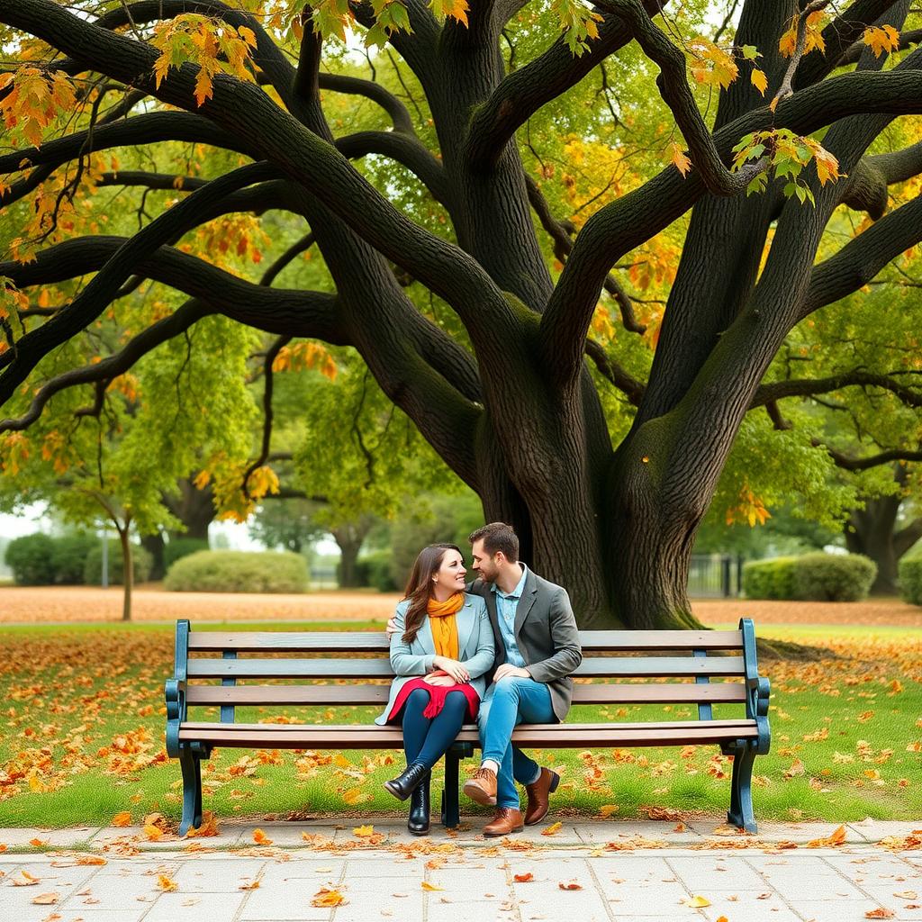 大きなオークの木の下にある静かな公園のベンチで、夫婦が寄り添って穏やかに話している。秋の設定で、色とりどりの葉が地面に散らばり、そよ風が吹く。夫婦はリラックスし、つながりの瞬間を共有している。