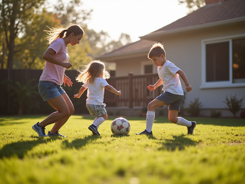 家族が裏庭でサッカーをしている様子。親も子供も積極的に参加している。