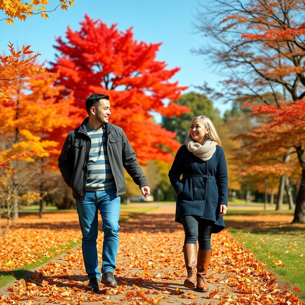 秋の日本の公園で手をつなぐ夫婦。落ち葉が敷き詰められた道を歩き、背景には鮮やかな紅葉が広がる。