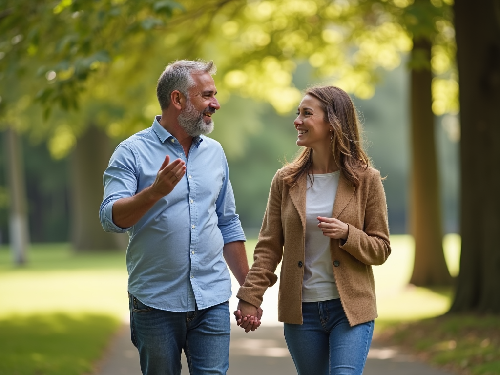 夫婦が公園を歩き、夫が身振り手振りで話し、妻がうなずきながら優しく微笑んでいる様子。自然の中で積極的な傾聴と共感が示されている。