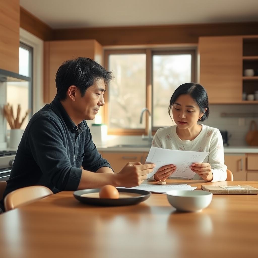 キッチンテーブルで手書きの家事リストを穏やかに話し合う日本の夫婦