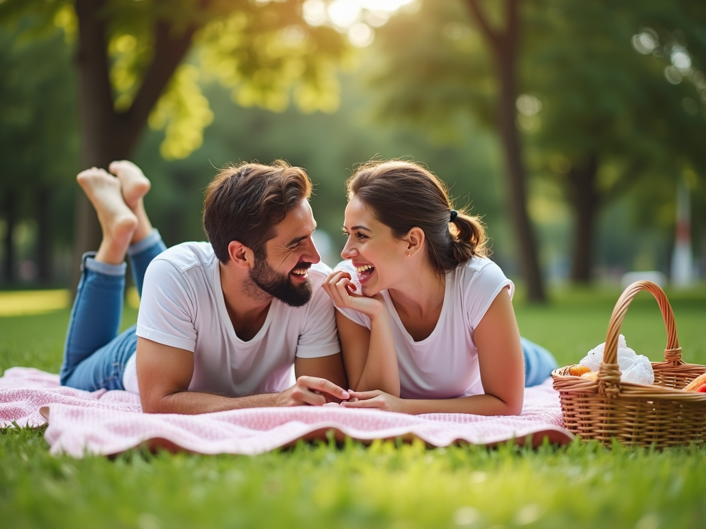 晴れた公園のピクニックブランケットに寝転ぶ夫婦。お互いに微笑み合い、近くにスナックのバスケットがある。