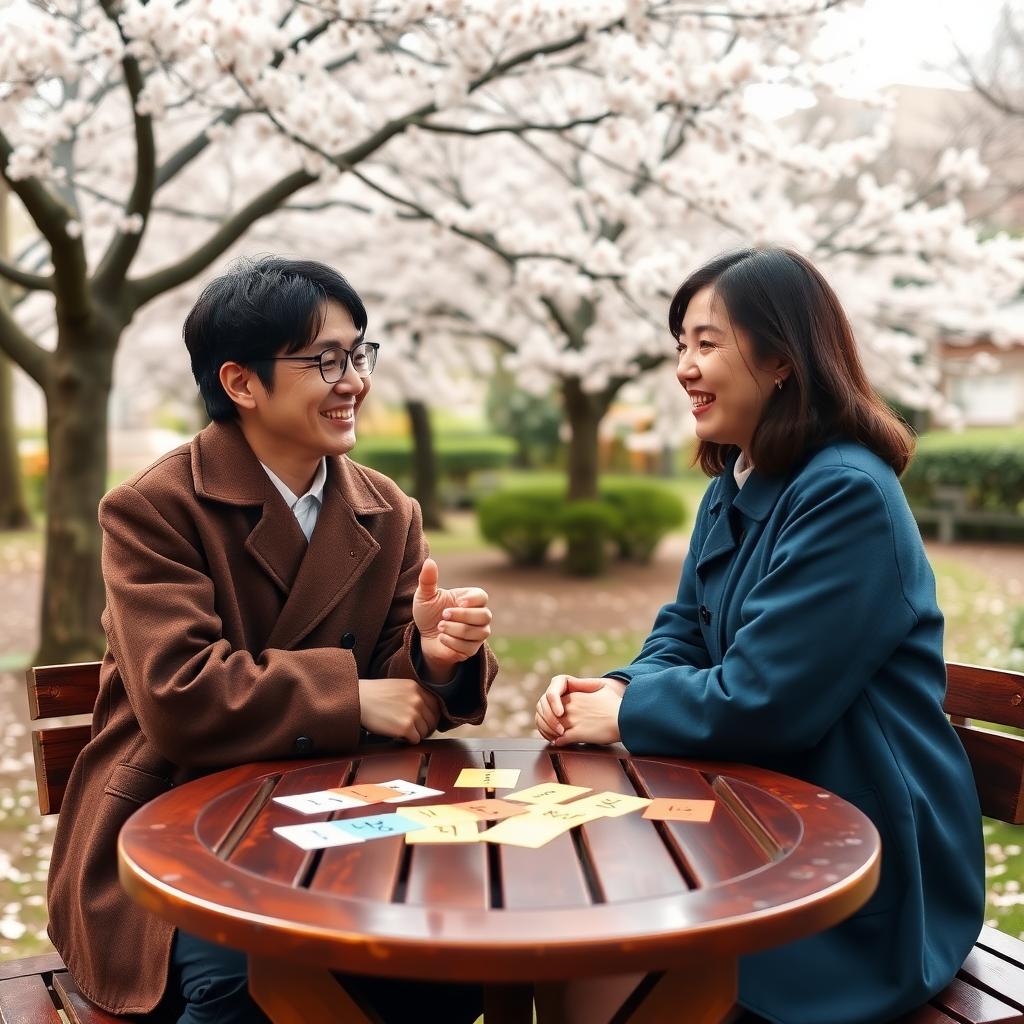 穏やかな公園の木製テーブルで、質問カードゲームを楽しむ日本人夫婦。テーブルには質問が書かれたカラフルなカードがあり、夫婦は笑い合っている。背景には桜の木が柔らかく咲いている。