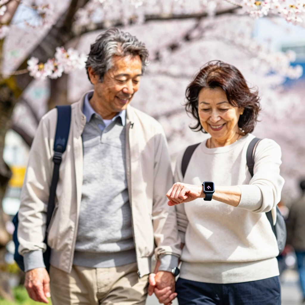 公園でスマートウォッチを活用する散歩中の夫婦