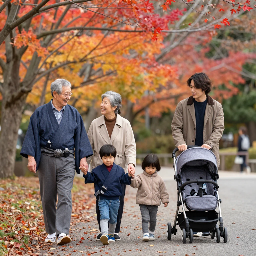 伝統と現代が融合した家族が秋の公園を散歩する穏やかなシーン