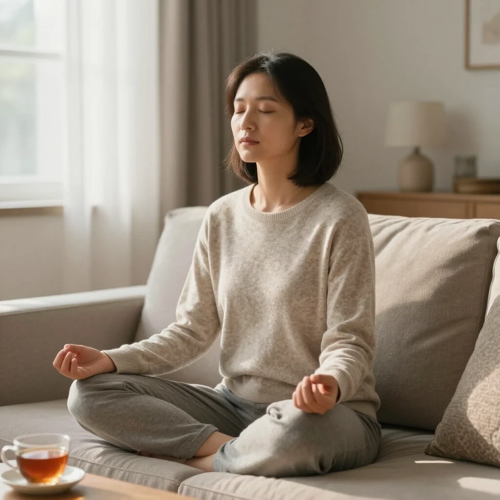 親がリビングで瞑想する穏やかなシーン、心の平穏を表す