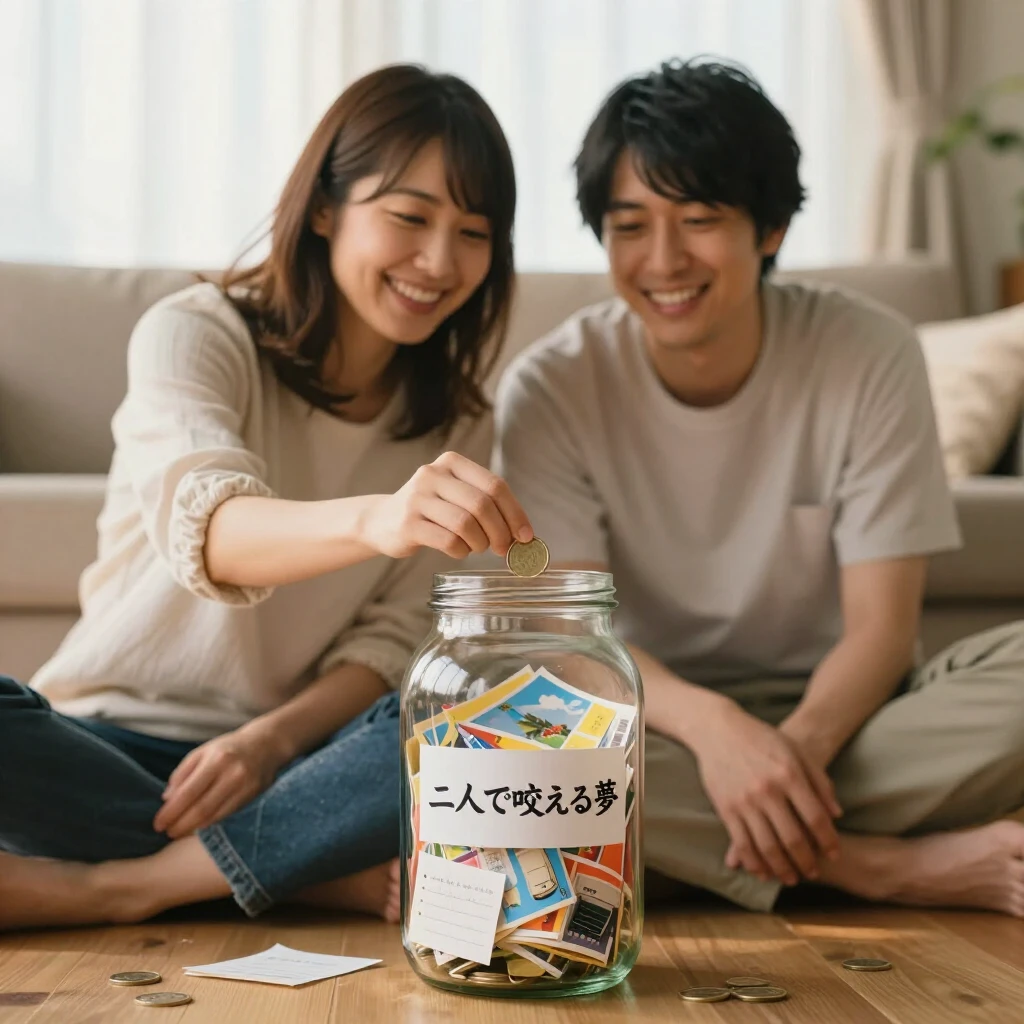 夫婦で『二人で叶える夢貯金』の瓶にお金を入れる幸せそうな瞬間
