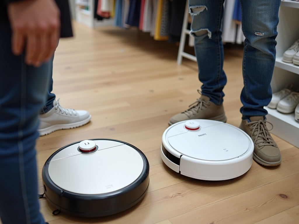 家電量販店でロボット掃除機を比較する人